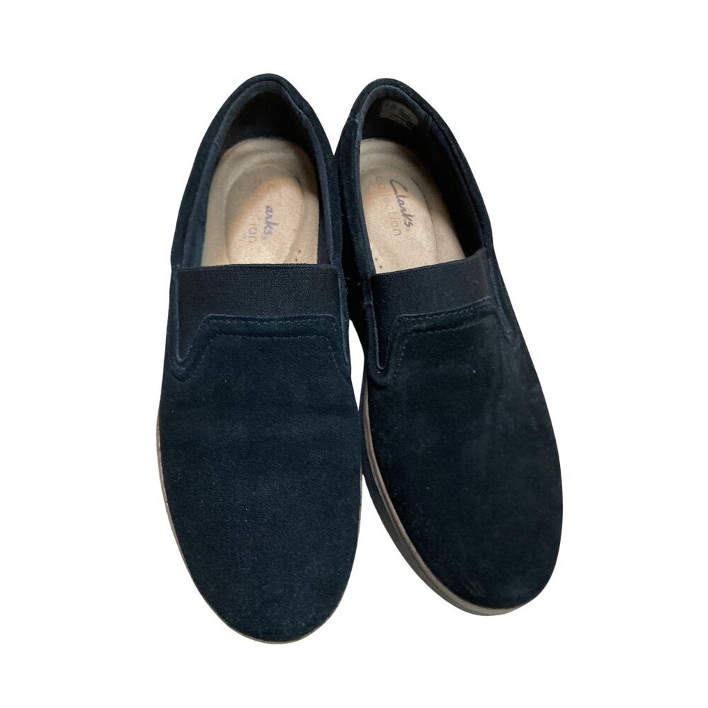 Clarks Black Suede Platform Slip On Loafers Comfort Wedge Shoes